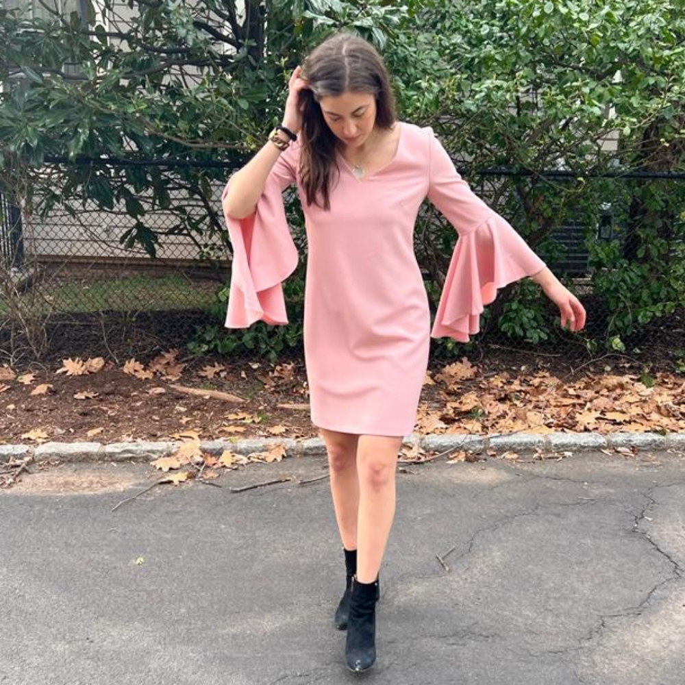 Small pink shift dress with bell sleeves by Eliza J